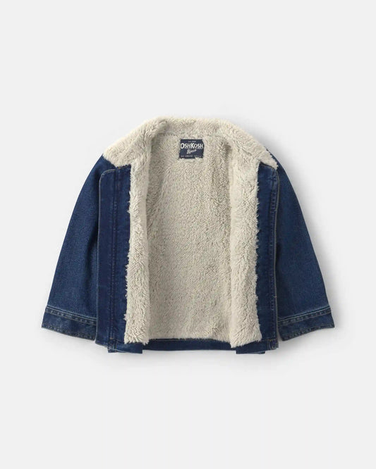 Toddler Boy Bear Teddy Fleece Denim Jacket - Dark Wash
