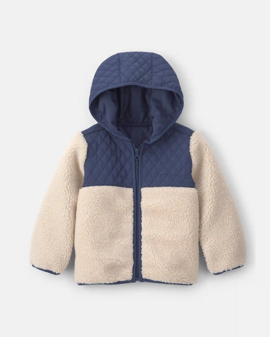 Toddler Boy Teddy Fleece Color Block Zip-Up Hoodie - Navy Blue/Cream