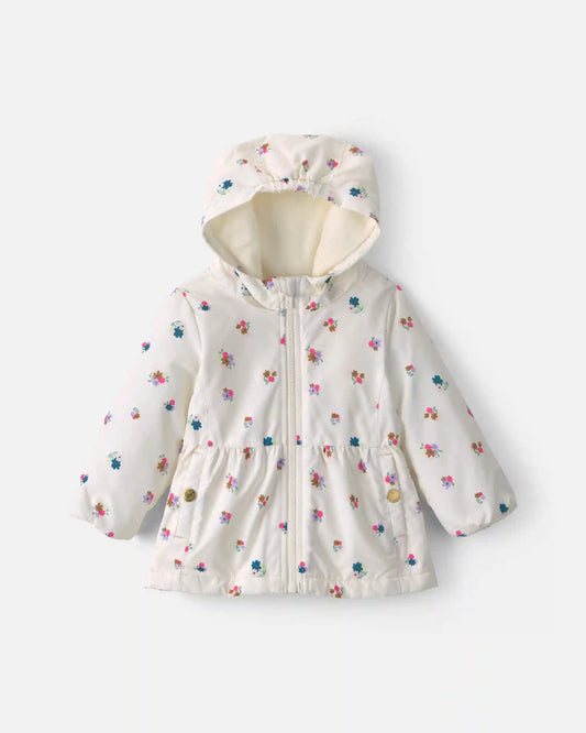Baby Girl Floral Hooded Midweight Winter Jacket - Cream