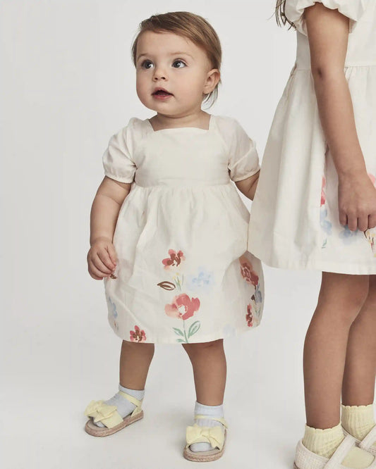 Baby Girl Puff Sleeve Floral Dress - Cream